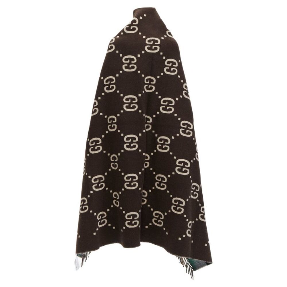 Gucci 100% wool green red plaid tartan brown GG monogram blanket scarf - Picture 5 of 10